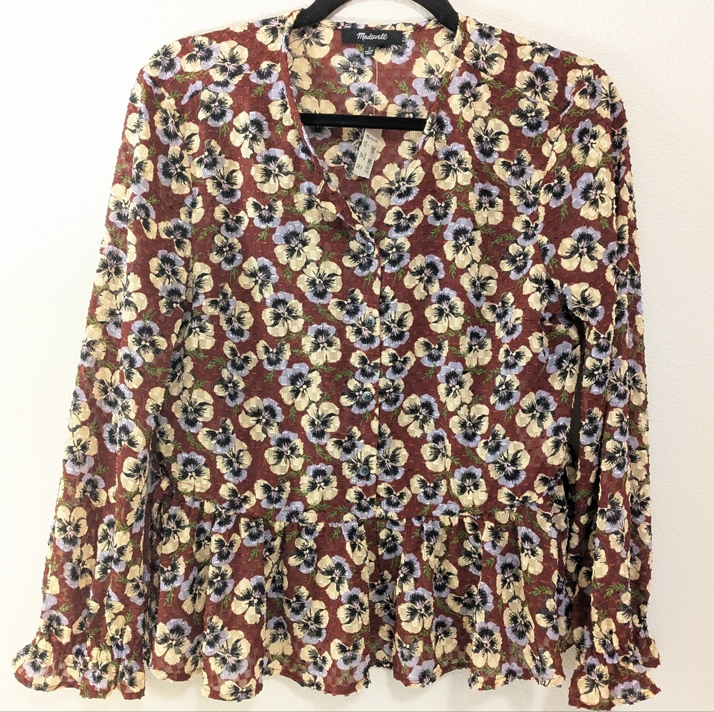NWT Madewell Floral Peplum Blouse in Red and Cream